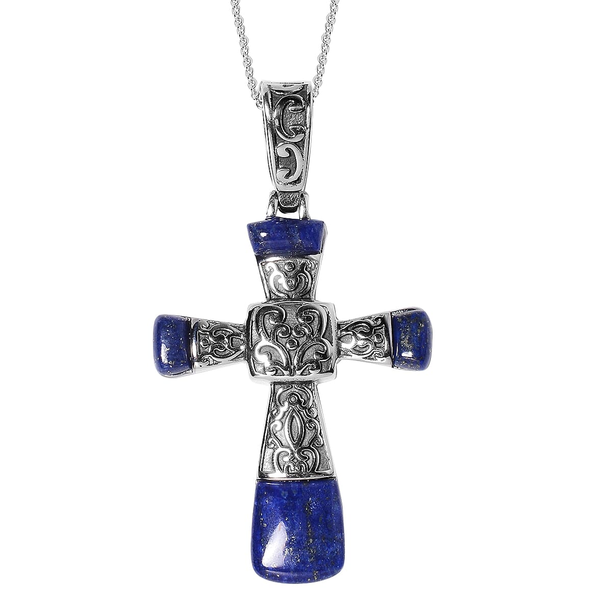 2 Piece Set -  Lapis Lazuli Stretchable Bracelet (Size 7) and Cross Pendant with Chain (Size 20) 130.25 Ct