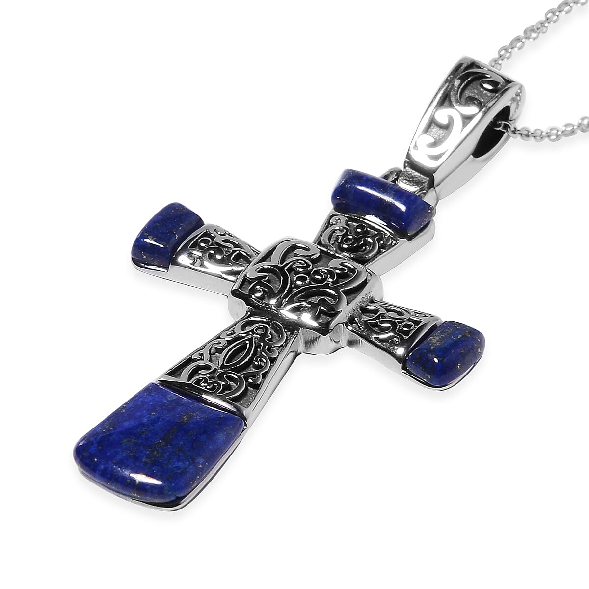 2 Piece Set -  Lapis Lazuli Stretchable Bracelet (Size 7) and Cross Pendant with Chain (Size 20) 130.25 Ct