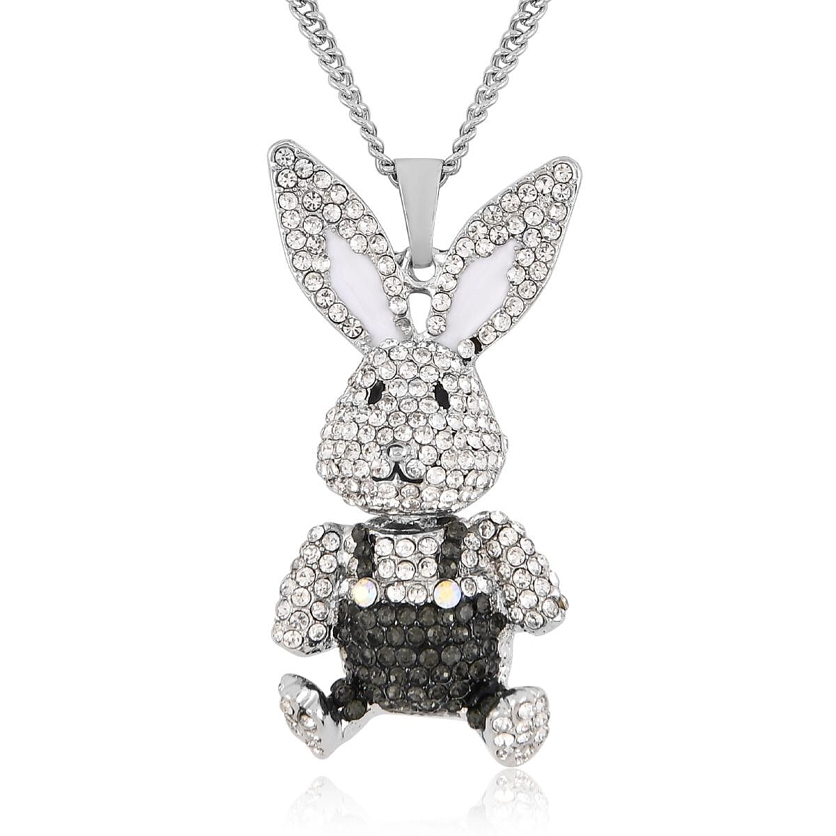 Black & White Austrian Crystal Enameled Bunny Pendant with Chain (Size 29-2 inch Ext.)
