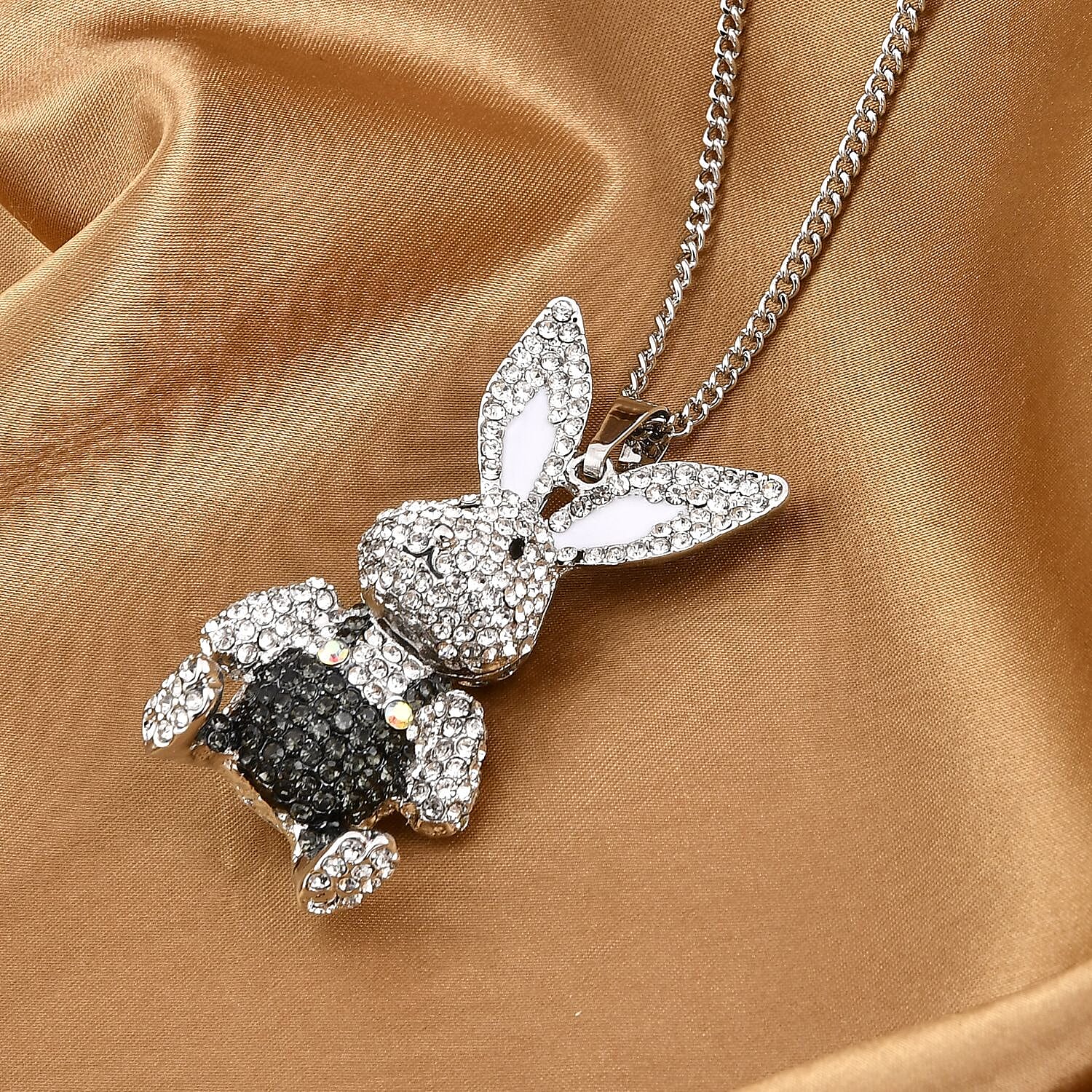 Black & White Austrian Crystal Enameled Bunny Pendant with Chain (Size 29-2 inch Ext.)
