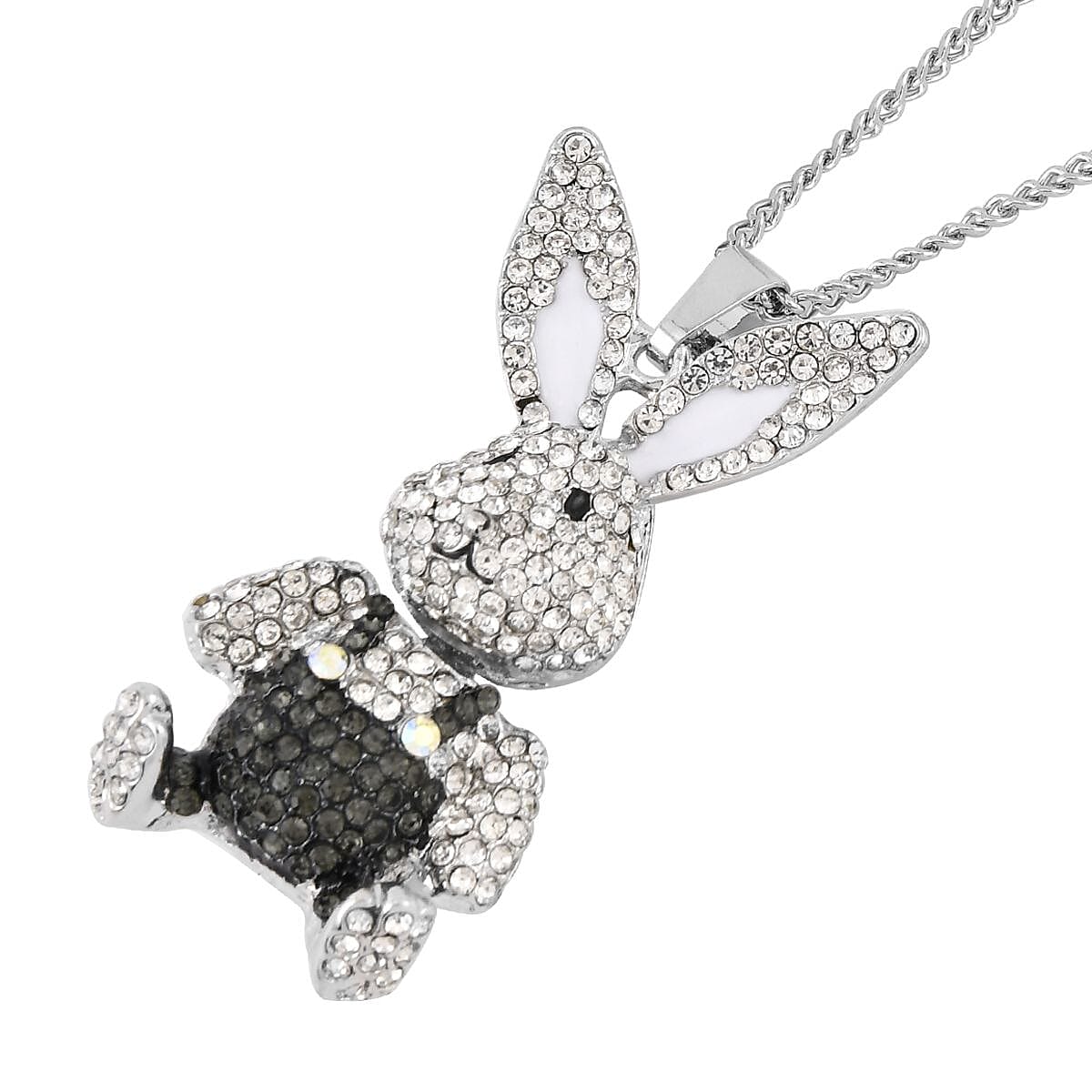 Black & White Austrian Crystal Enameled Bunny Pendant with Chain (Size 29-2 inch Ext.)