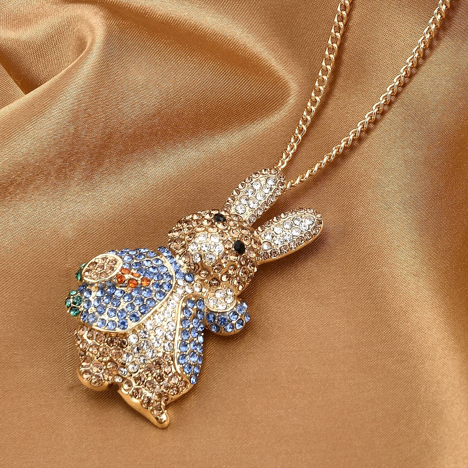 2 in 1 Multicolor Austrian Crystal Bunny Pendant & Brooch with Chain(Size - 29-2 Inch Ext)