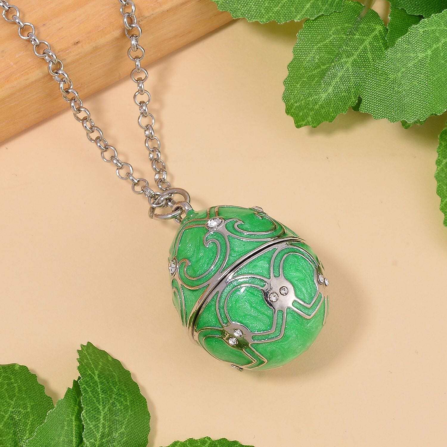 White Austrian Crystal Enamelled Easter Egg Pendant with Chain (Size 24)