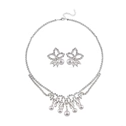 2 Piece Set - White Shell Pearl, White Crystal Necklace and Earring Pure White Brass