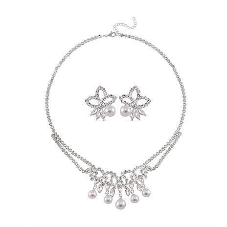 2 Piece Set -  White Shell Pearl, White Crystal Necklace (Size 20-2 EXT) With Push Back Earrings