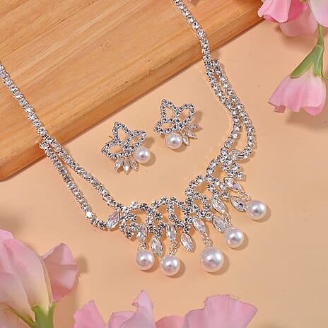 2 Piece Set -  White Shell Pearl, White Crystal Necklace (Size 20-2 EXT) With Push Back Earrings