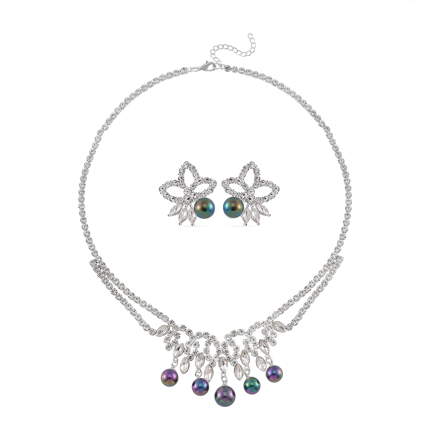 2 Piece Set - Tahitian Color Shell Pearl & White Crystal Necklace (Size 20-2 Ext) With Push Back Earrings