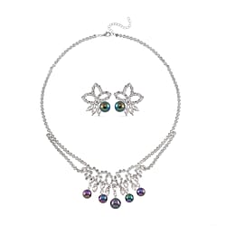 2 Piece Set - White Shell Pearl, White Crystal Necklace and Earring Pure White Brass