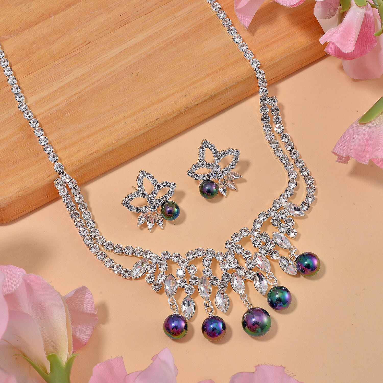 2 Piece Set - Tahitian Color Shell Pearl & White Crystal Necklace (Size 20-2 Ext) With Push Back Earrings