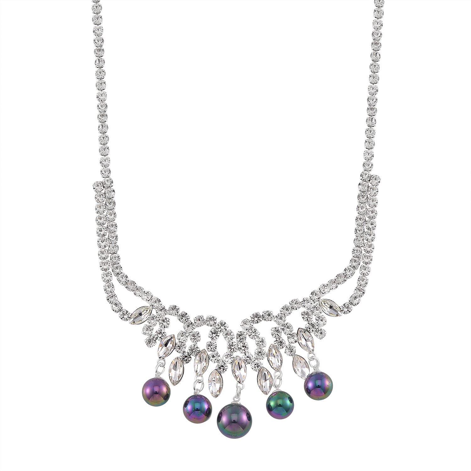 2 Piece Set - Tahitian Color Shell Pearl & White Crystal Necklace (Size 20-2 Ext) With Push Back Earrings