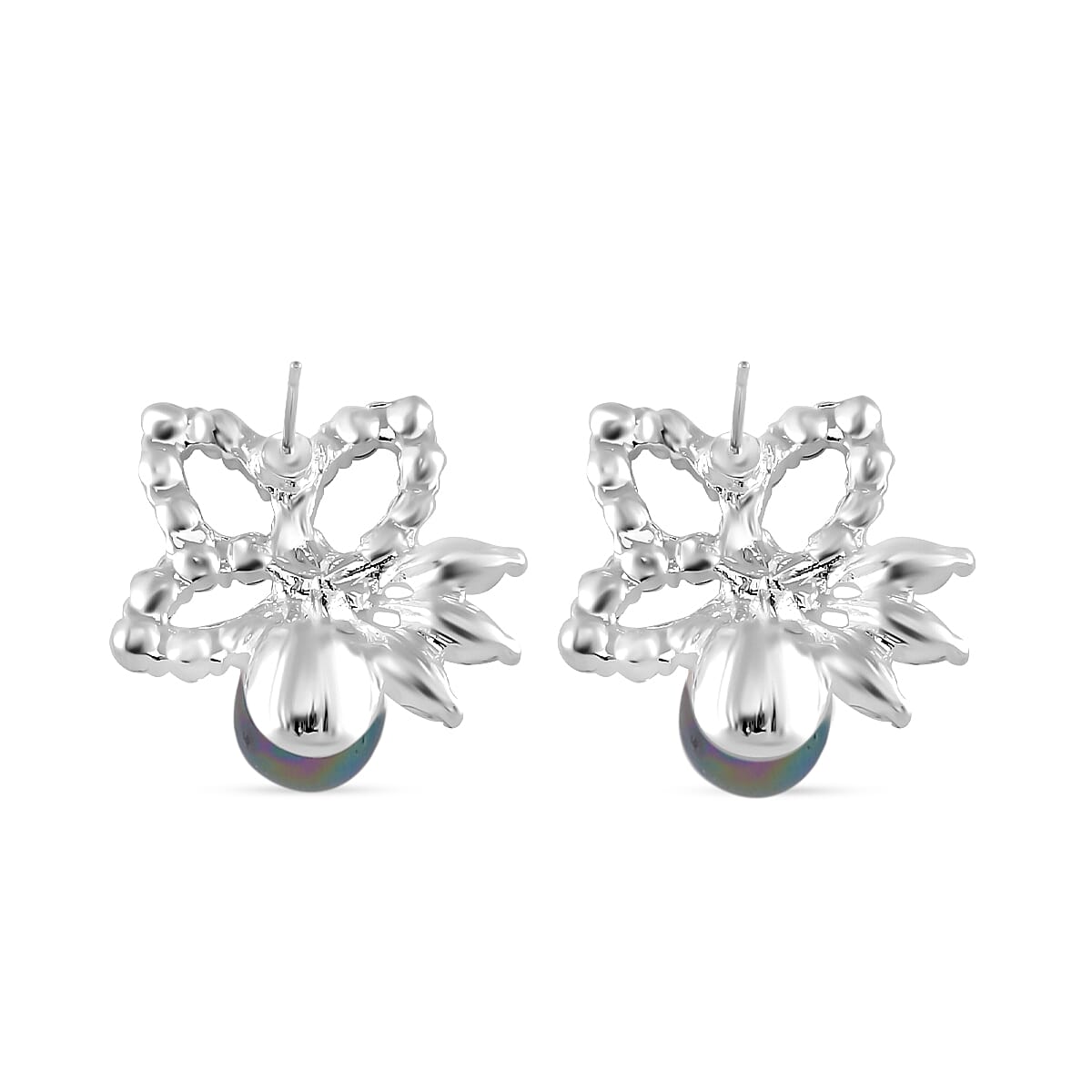 2 Piece Set - Tahitian Color Shell Pearl & White Crystal Necklace (Size 20-2 Ext) With Push Back Earrings