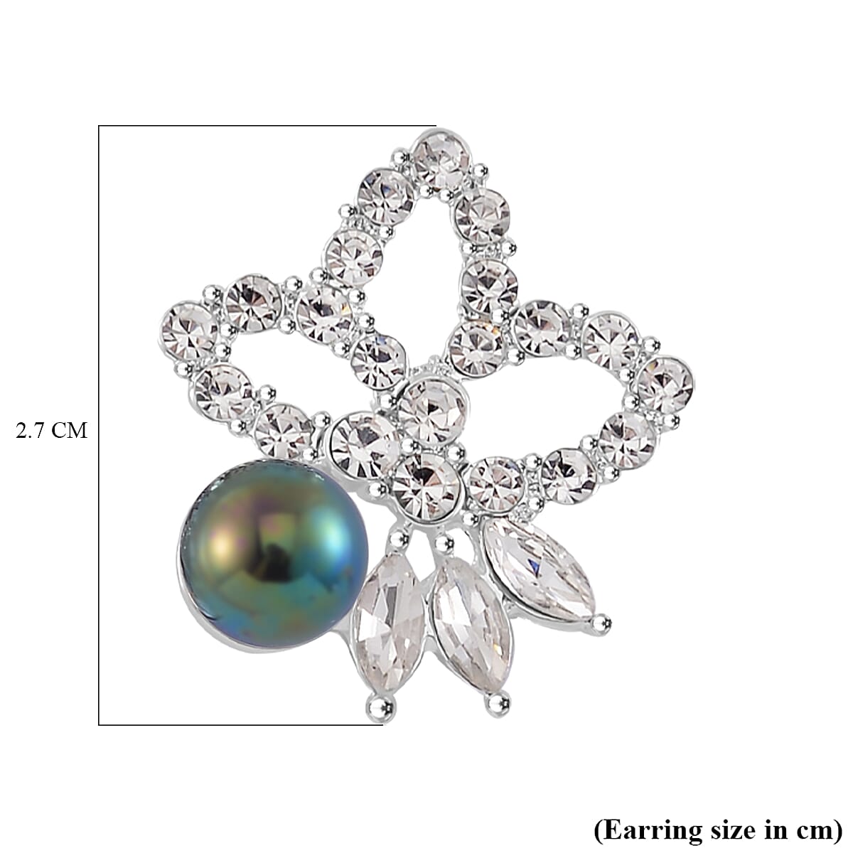 2 Piece Set - Tahitian Color Shell Pearl & White Crystal Necklace (Size 20-2 Ext) With Push Back Earrings