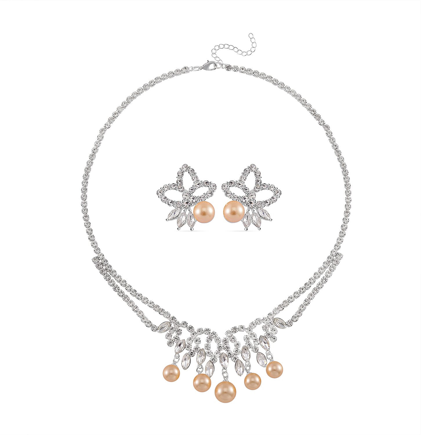 2 Piece Set - Golden Color Shell Pearl, White Crystal Necklace (Size 20-2 EXT) With Push Back Earrings