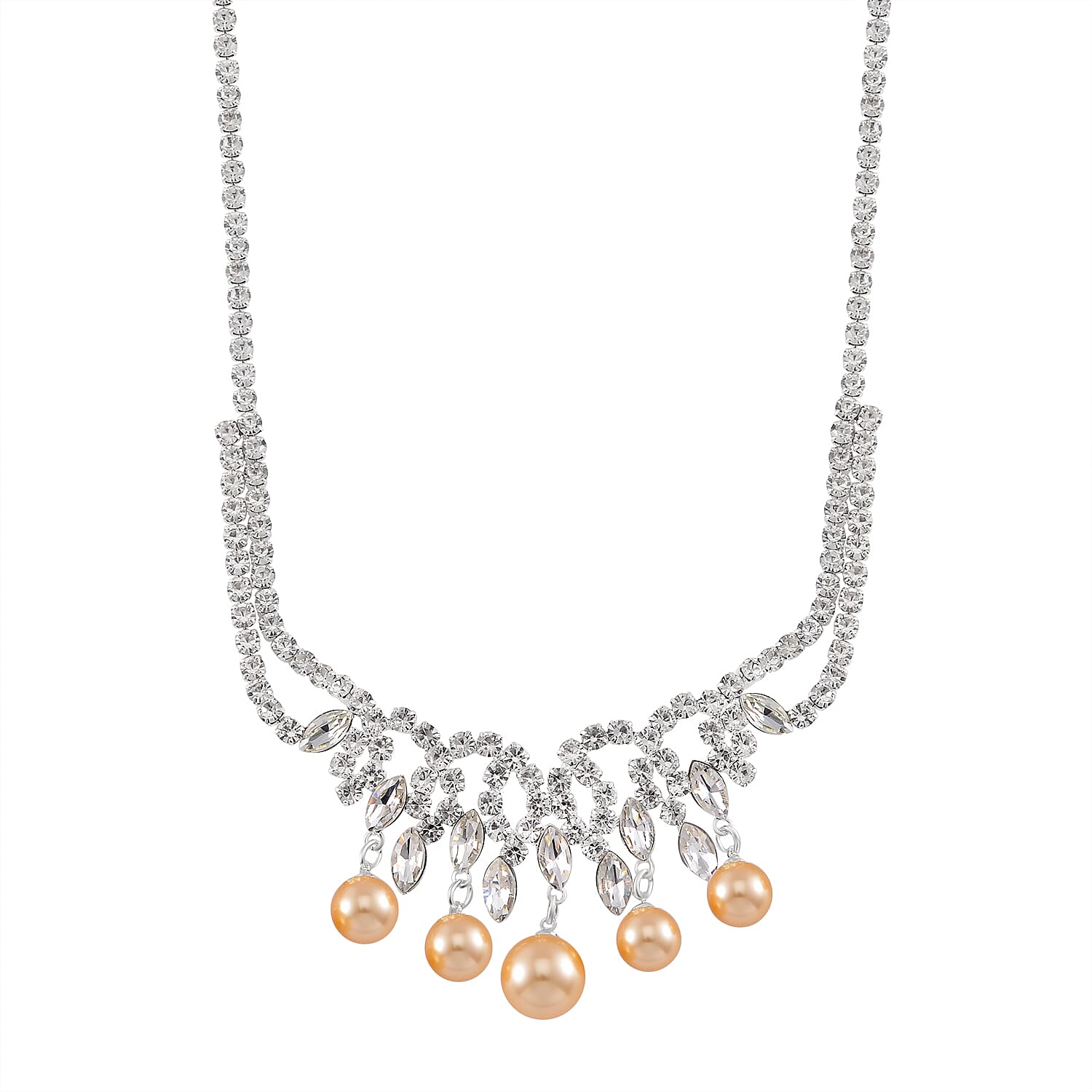 2 Piece Set - Golden Color Shell Pearl, White Crystal Necklace (Size 20-2 EXT) With Push Back Earrings