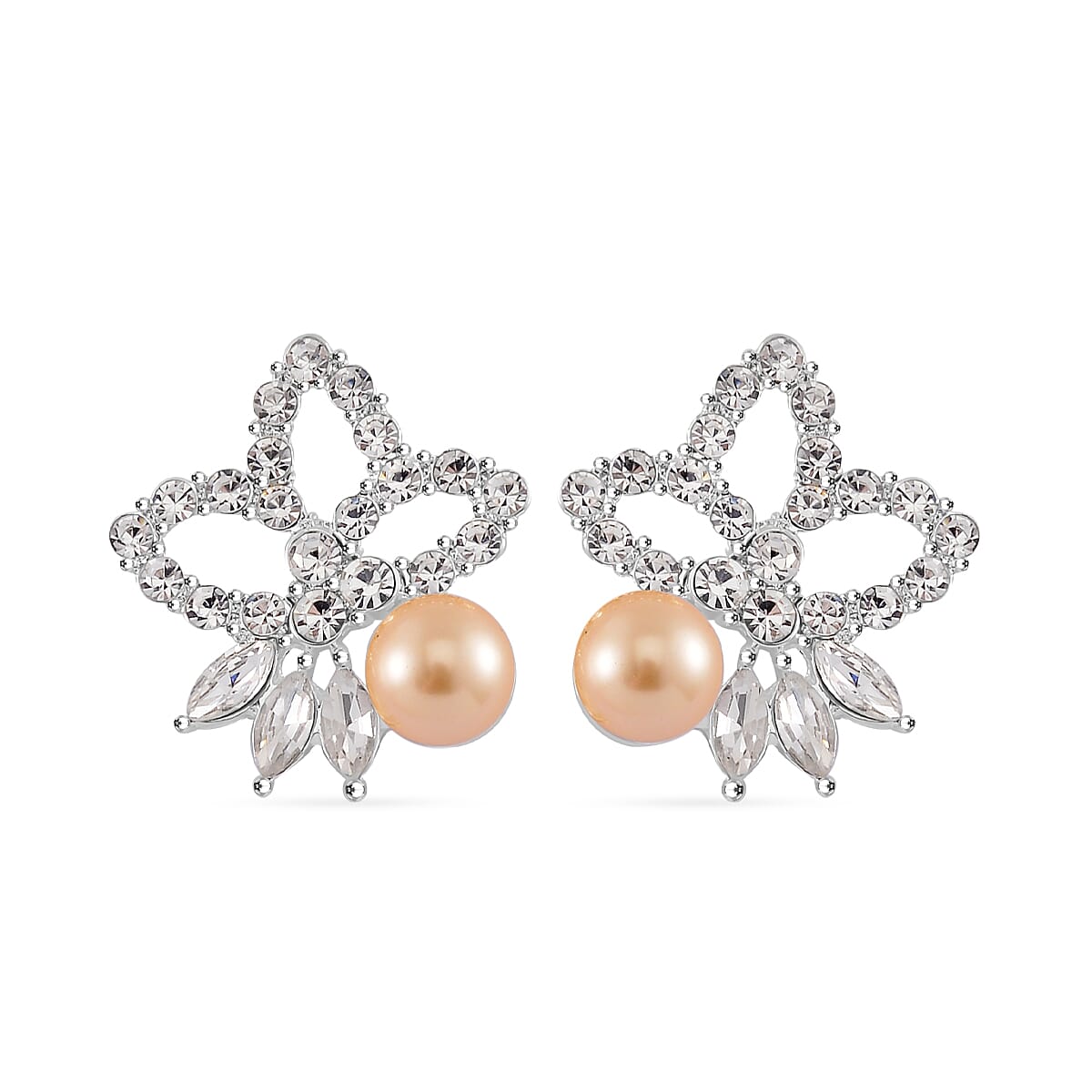 2 Piece Set - Golden Color Shell Pearl, White Crystal Necklace (Size 20-2 EXT) With Push Back Earrings