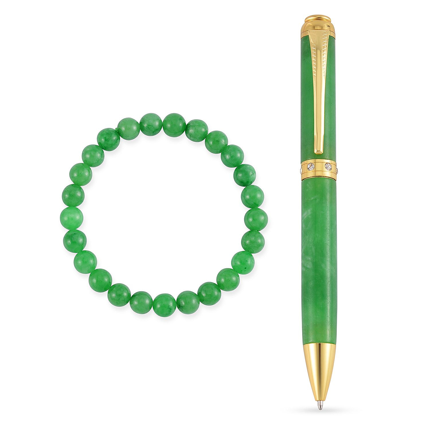 2 Piece Set - Rare Green Jade Ball Point Pen and Stretchable Bracelet (Size 6.5-7)
