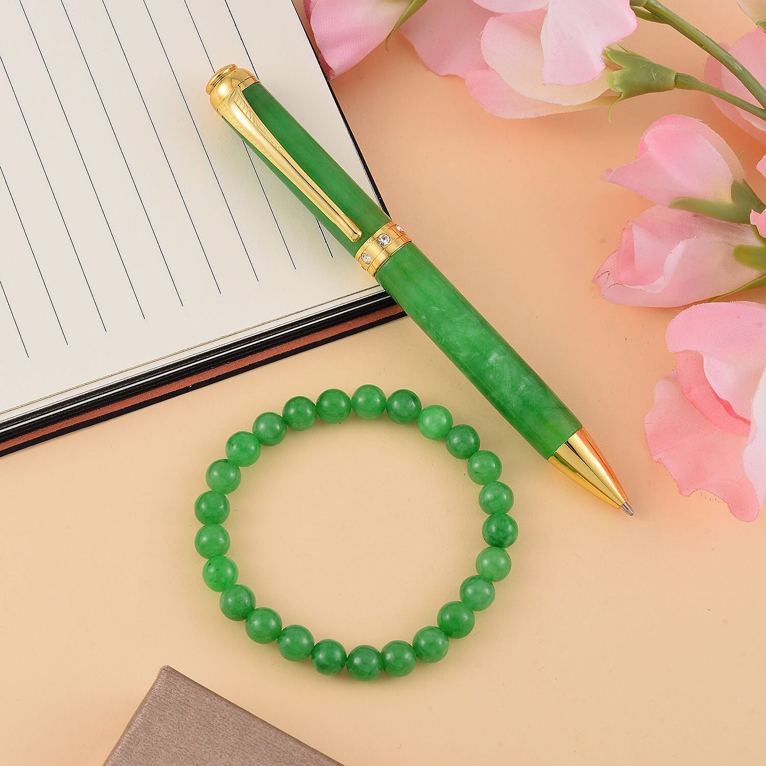 2 Piece Set - Rare Green Jade Ball Point Pen and Stretchable Bracelet (Size 6.5-7)