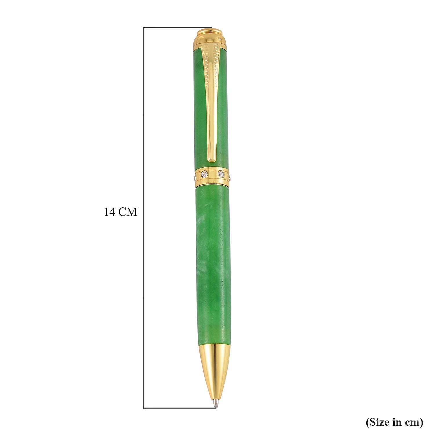 2 Piece Set - Rare Green Jade Ball Point Pen and Stretchable Bracelet (Size 6.5-7)