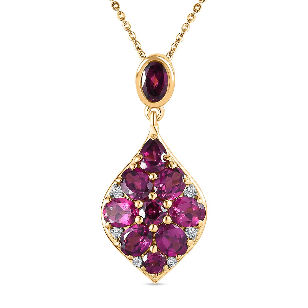 Rhodolite Garnet & Natural Zircon Cluster Pendant with Chain (Size 20) in 18K Vermeil Yellow Gold Plated Sterling Silver 3.87 Ct.