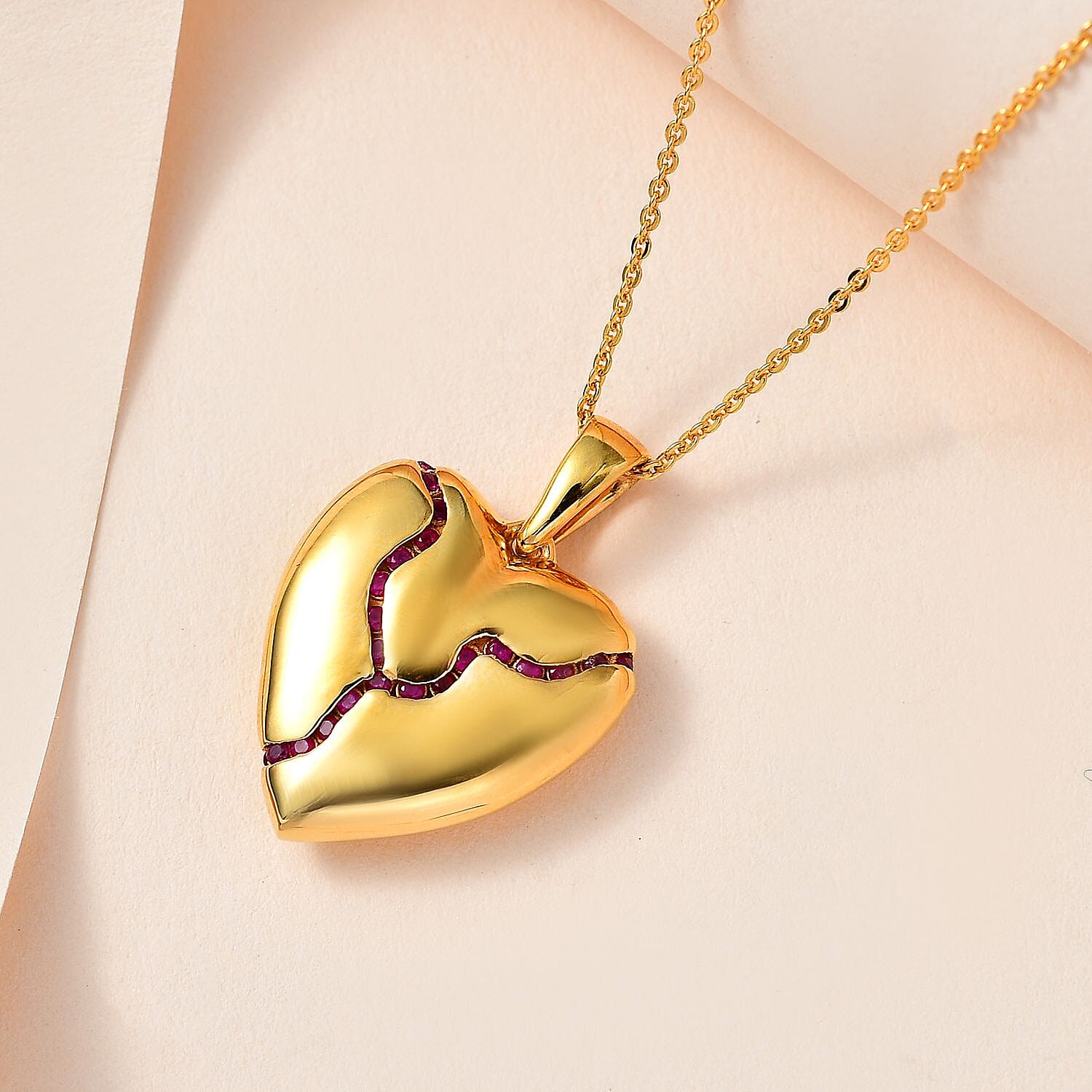 Ruby Heart Pendant with Chain (Size 20) in 18K Gold Vermeil Sterling Silver