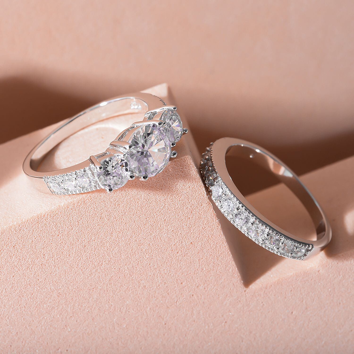 Set of 2 - Cubic Zirconia Stackable Ring in Rhodium Overlay Sterling Silver, Silver Wt. 5.00 Gms