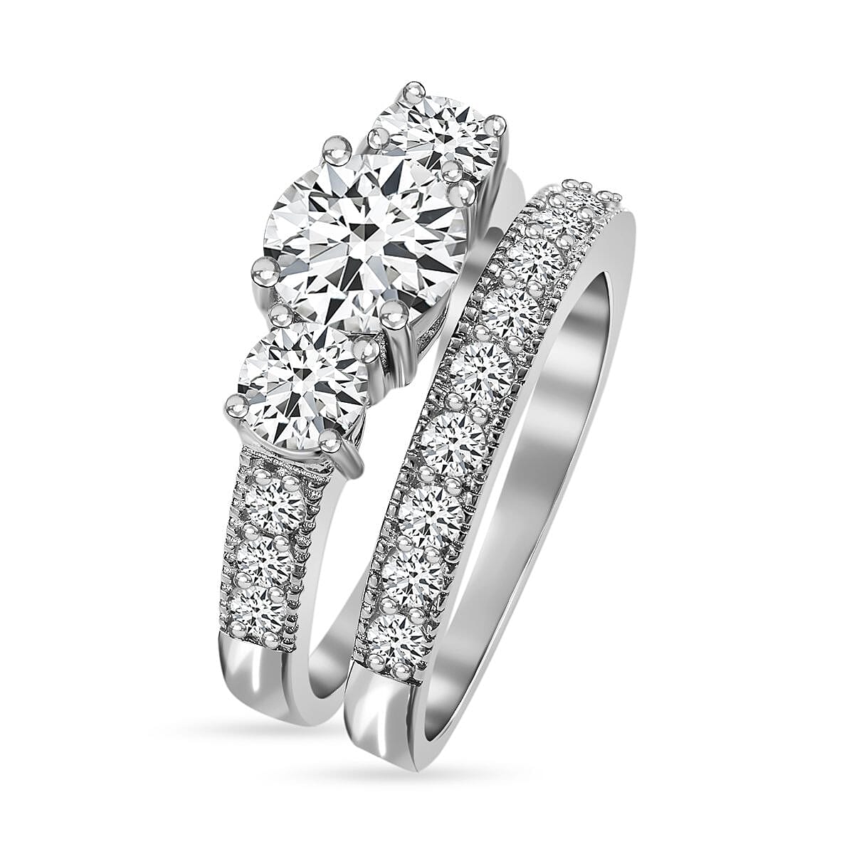 Set of 2 - Cubic Zirconia Stackable Ring in Rhodium Overlay Sterling Silver, Silver Wt. 5.00 Gms