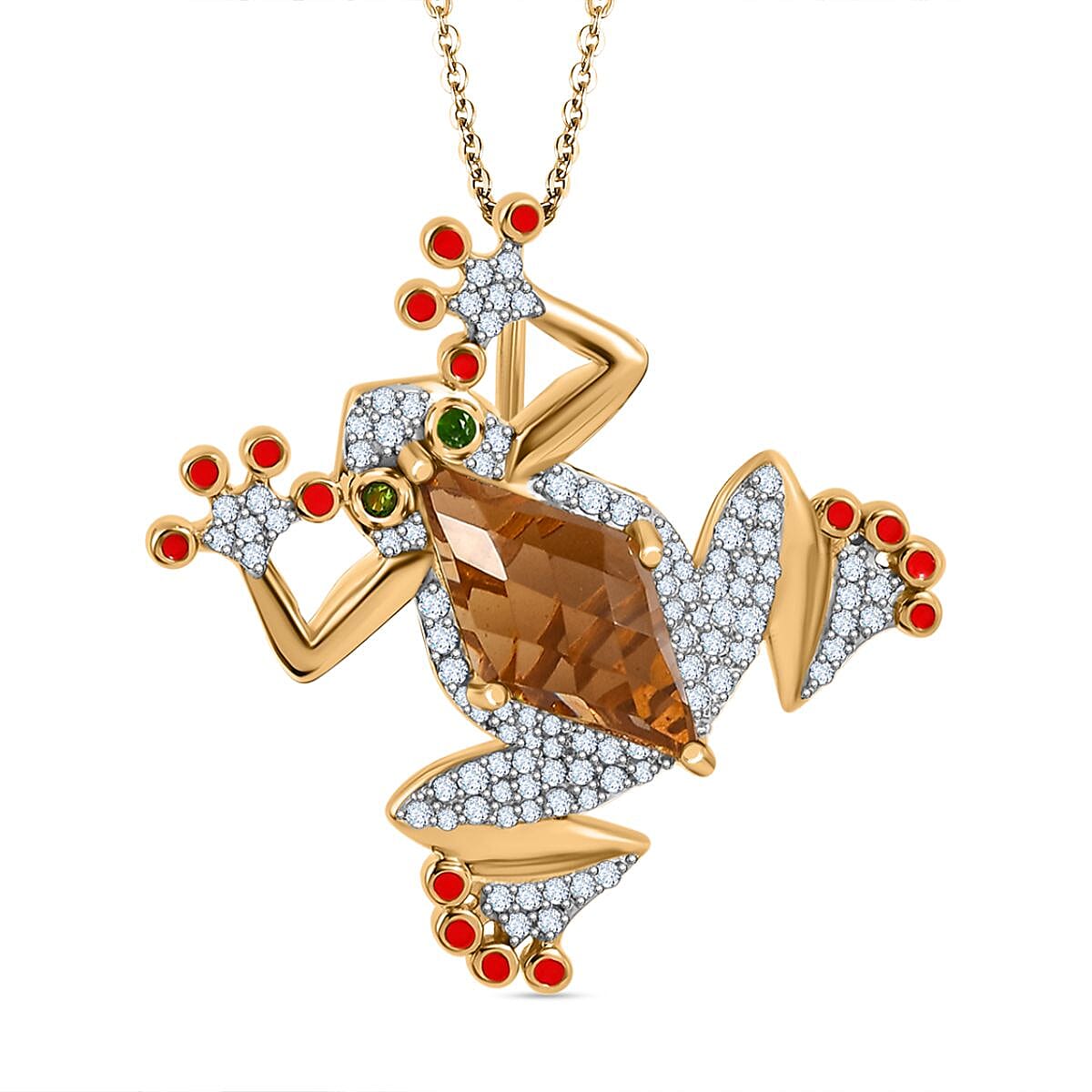 GP Italian Garden Collection - Citrine, Natural Zircon & Natural Chrome Diopside Frog Pendant with Chain (Size 20) in 18K YG Vermeil Plated Sterling Silver 5.38 Ct, Silver Wt 7.54 GM