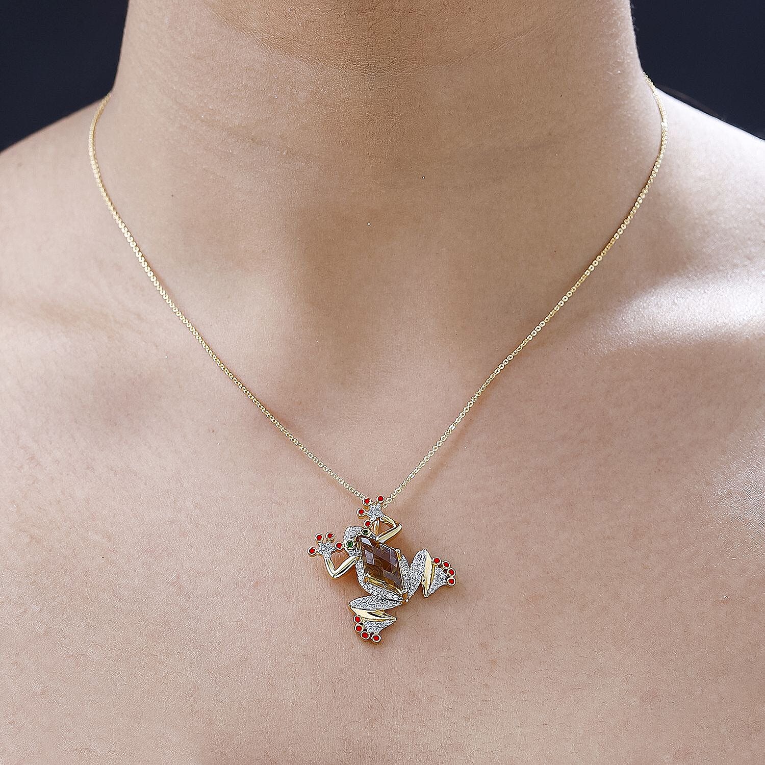 GP Italian Garden Collection - Citrine, Natural Zircon & Natural Chrome Diopside Frog Pendant with Chain (Size 20) in 18K YG Vermeil Plated Sterling Silver 5.38 Ct, Silver Wt 7.54 GM