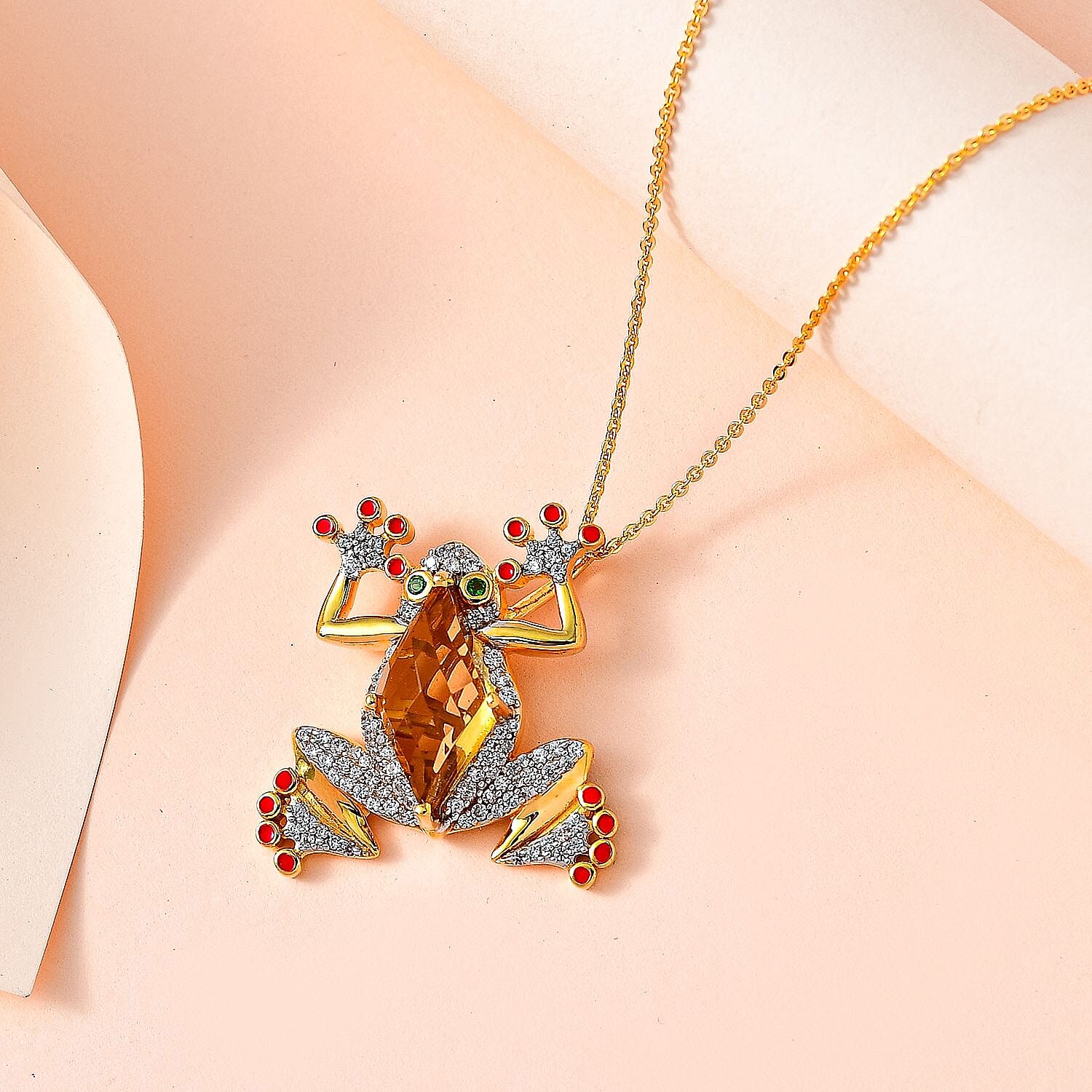 GP Italian Garden Collection - Citrine, Natural Zircon & Natural Chrome Diopside Frog Pendant with Chain (Size 20) in 18K YG Vermeil Plated Sterling Silver 5.38 Ct, Silver Wt 7.54 GM