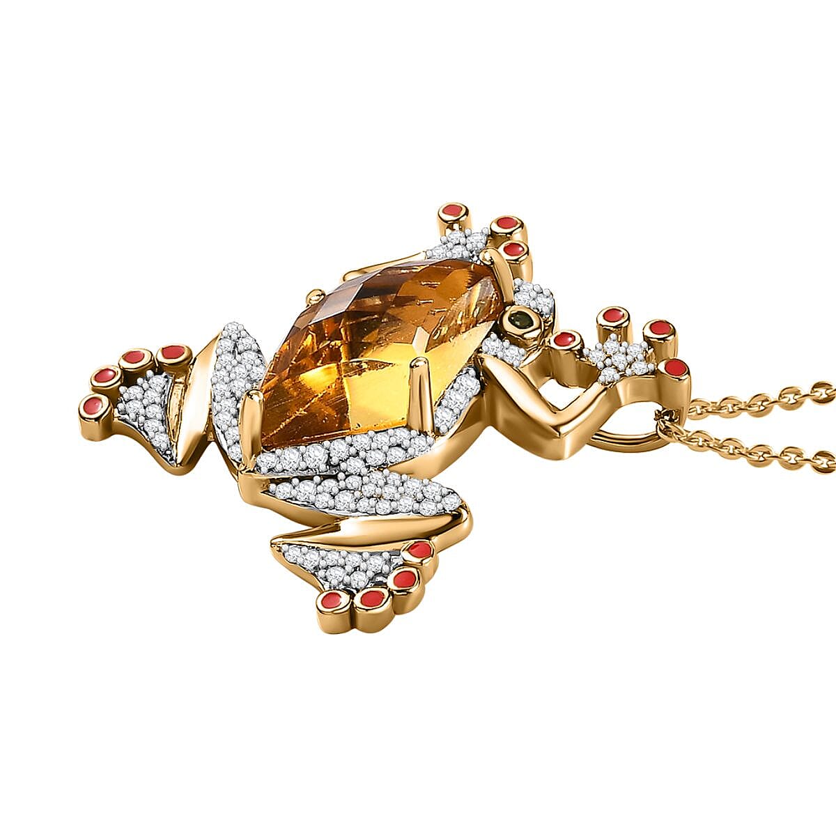 GP Italian Garden Collection - Citrine, Natural Zircon & Natural Chrome Diopside Frog Pendant with Chain (Size 20) in 18K YG Vermeil Plated Sterling Silver 5.38 Ct, Silver Wt 7.54 GM