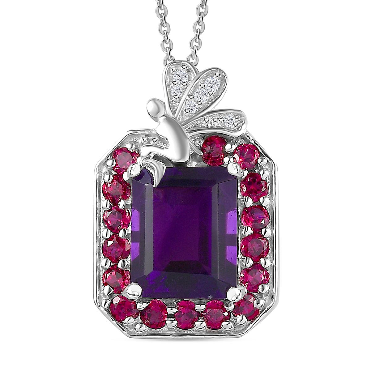 AAA Amethyst, Rhodolite Garnet & Natural Zircon Halo Pendant with Chain (Size 20) in Platinum Overlay Sterling Silver 4.74 Ct