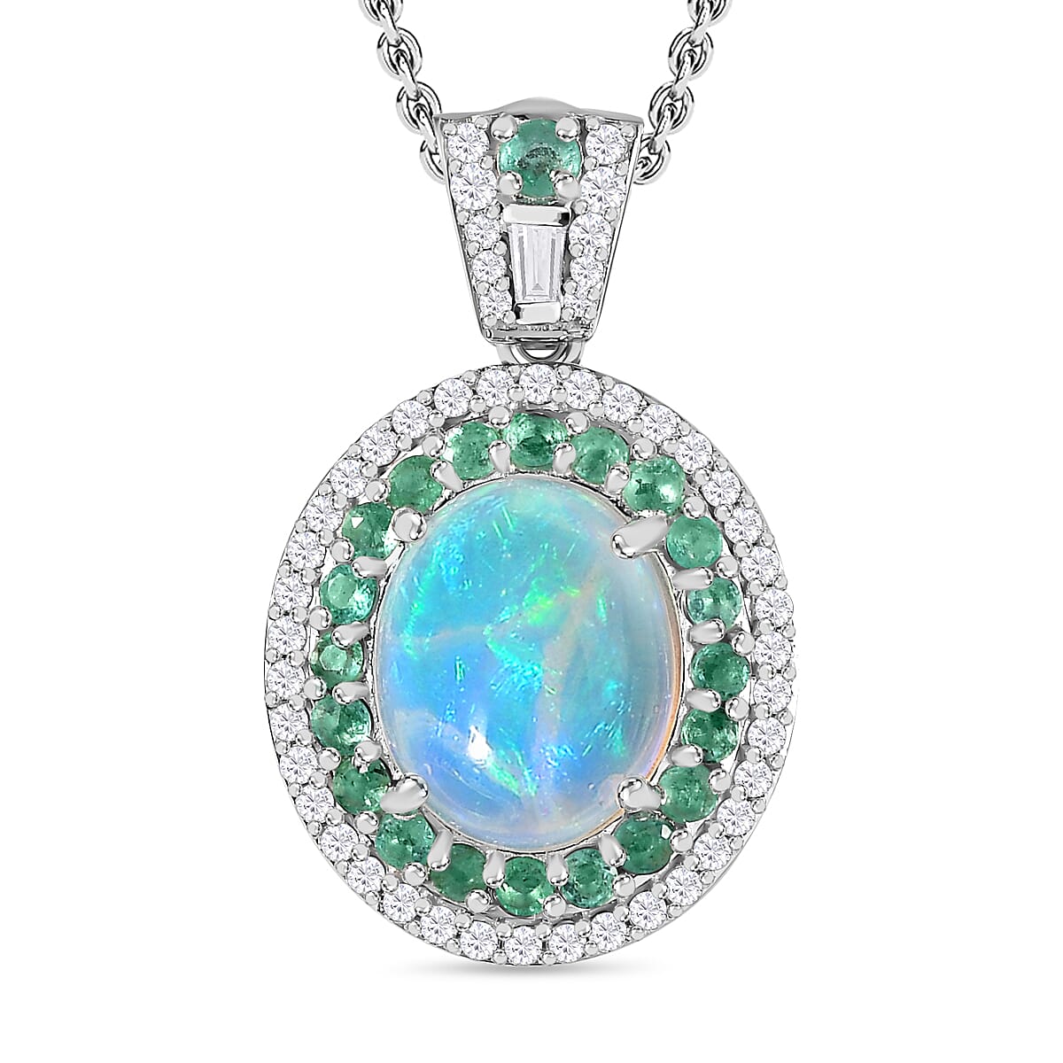 Ethiopian Welo Opal, Natural Zircon & Emerald Pendant with Chain (Size 20) in Platinum Overlay Sterling Silver 3.76 Ct, Silver Wt. 5.15 Gms