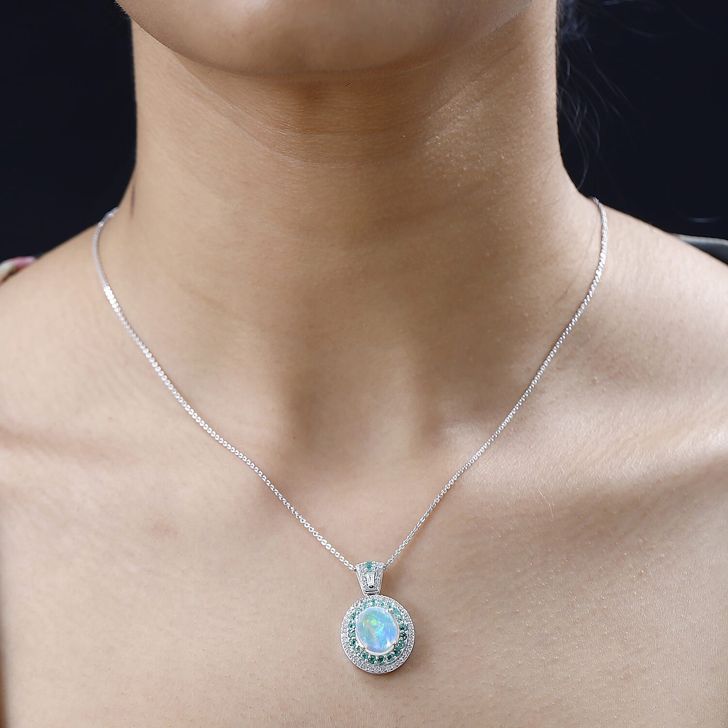 Ethiopian Welo Opal, Natural Zircon & Emerald Pendant with Chain (Size 20) in Platinum Overlay Sterling Silver 3.76 Ct, Silver Wt. 5.15 Gms