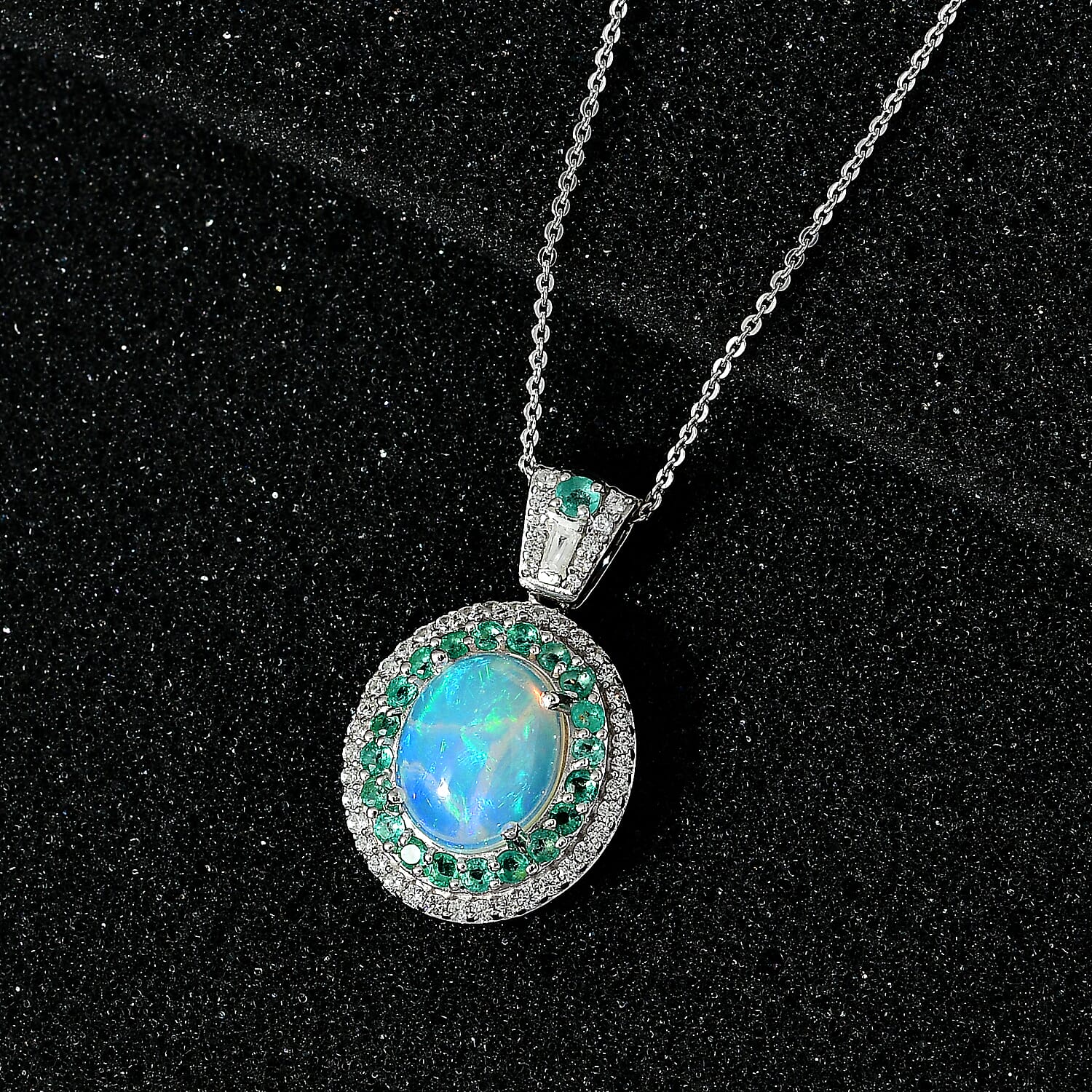 Ethiopian Welo Opal, Natural Zircon & Emerald Pendant with Chain (Size 20) in Platinum Overlay Sterling Silver 3.76 Ct, Silver Wt. 5.15 Gms