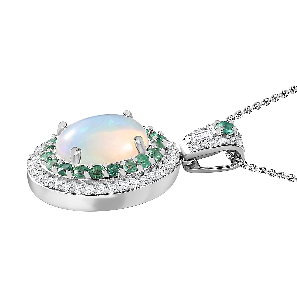 Ethiopian Welo Opal, Natural Zircon & Emerald Pendant with Chain (Size 20) in Platinum Overlay Sterling Silver 3.76 Ct, Silver Wt. 5.15 Gms