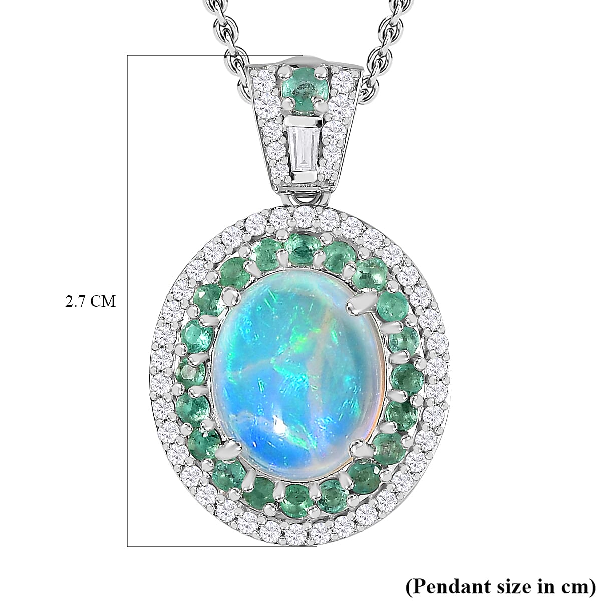 Ethiopian Welo Opal, Natural Zircon & Emerald Pendant with Chain (Size 20) in Platinum Overlay Sterling Silver 3.76 Ct, Silver Wt. 5.15 Gms
