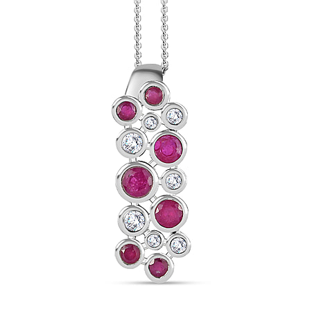 African Ruby & Moissanite Bubble Pendant with Chain (Size 20) in Platinum Overlay Sterling Silver
