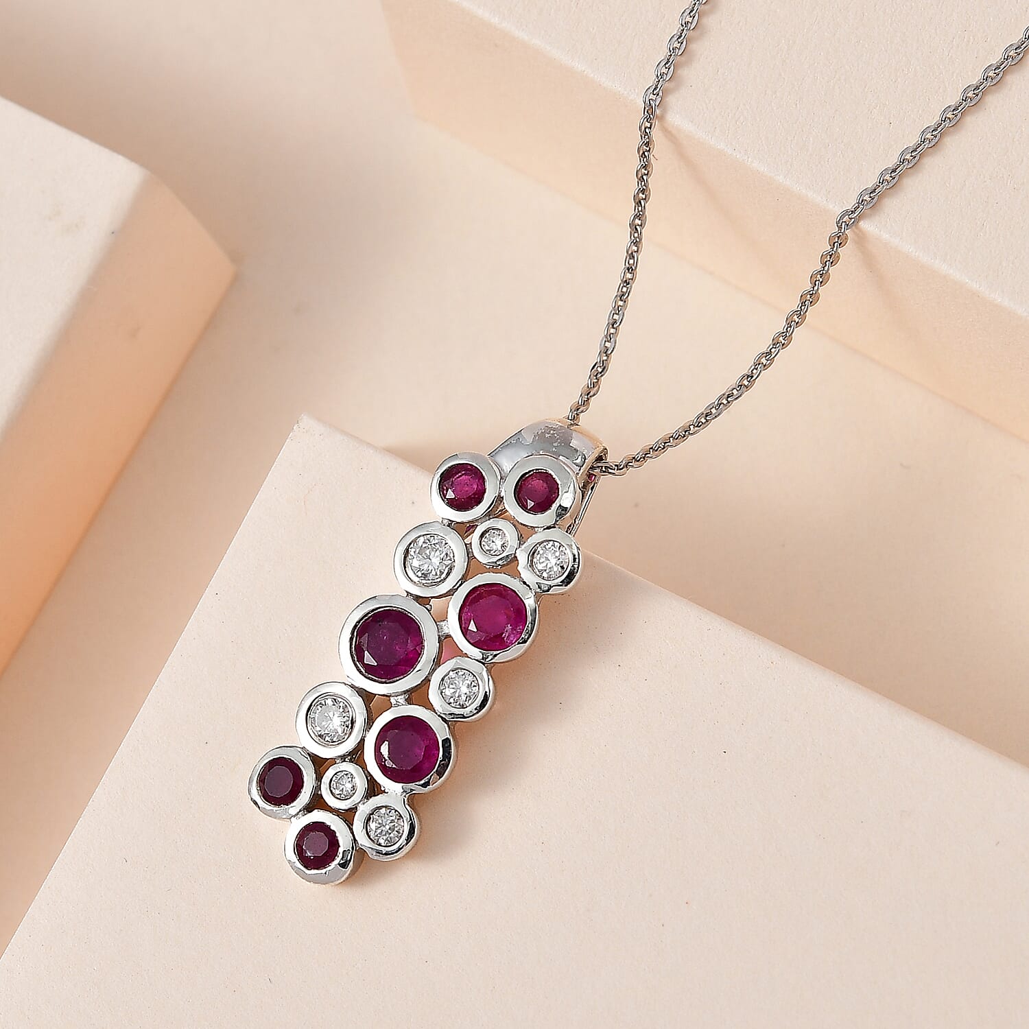 African Ruby & Moissanite Bubble Pendant with Chain (Size 20) in Platinum Overlay Sterling Silver