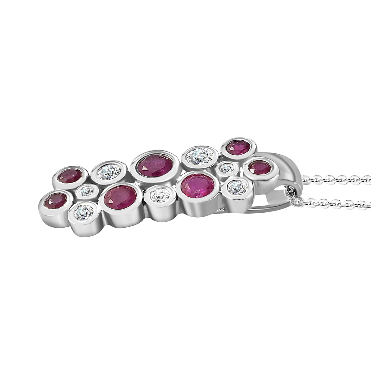 African Ruby & Moissanite Bubble Pendant with Chain (Size 20) in Platinum Overlay Sterling Silver