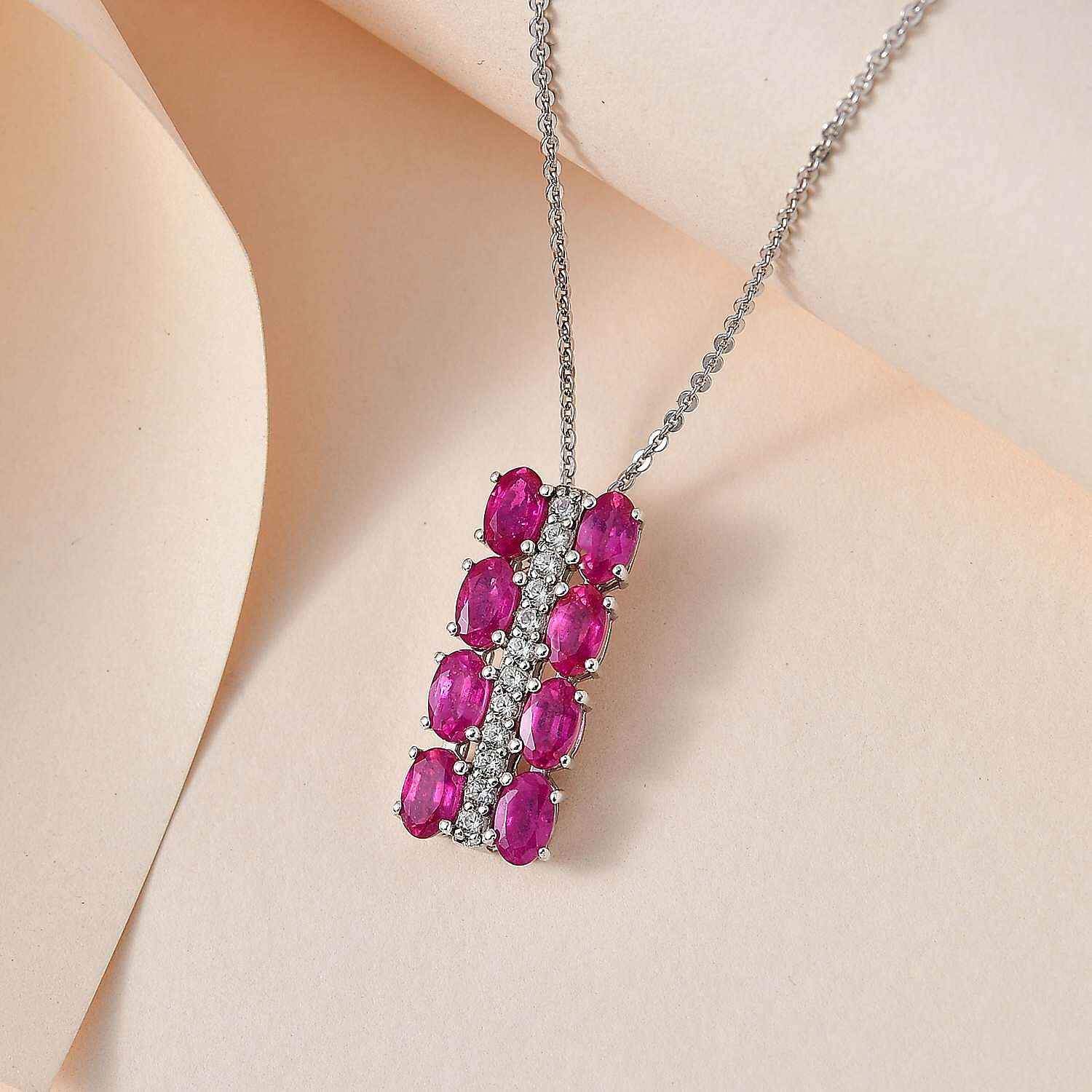 African Ruby & Natural Zircon Pendant with Chain (Size 20) in Platinum Overlay Sterling Silver 2.80 Ct.