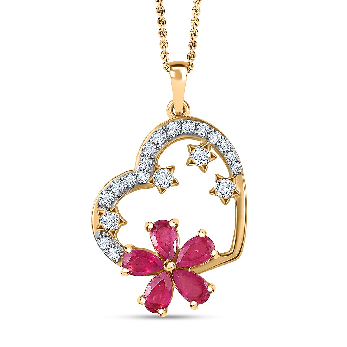 African Ruby & Natural Zircon Heart and Floral Pendant with Chain (Size 20) in 18K Vermeil YG Plated Sterling Silver 2.37 Ct