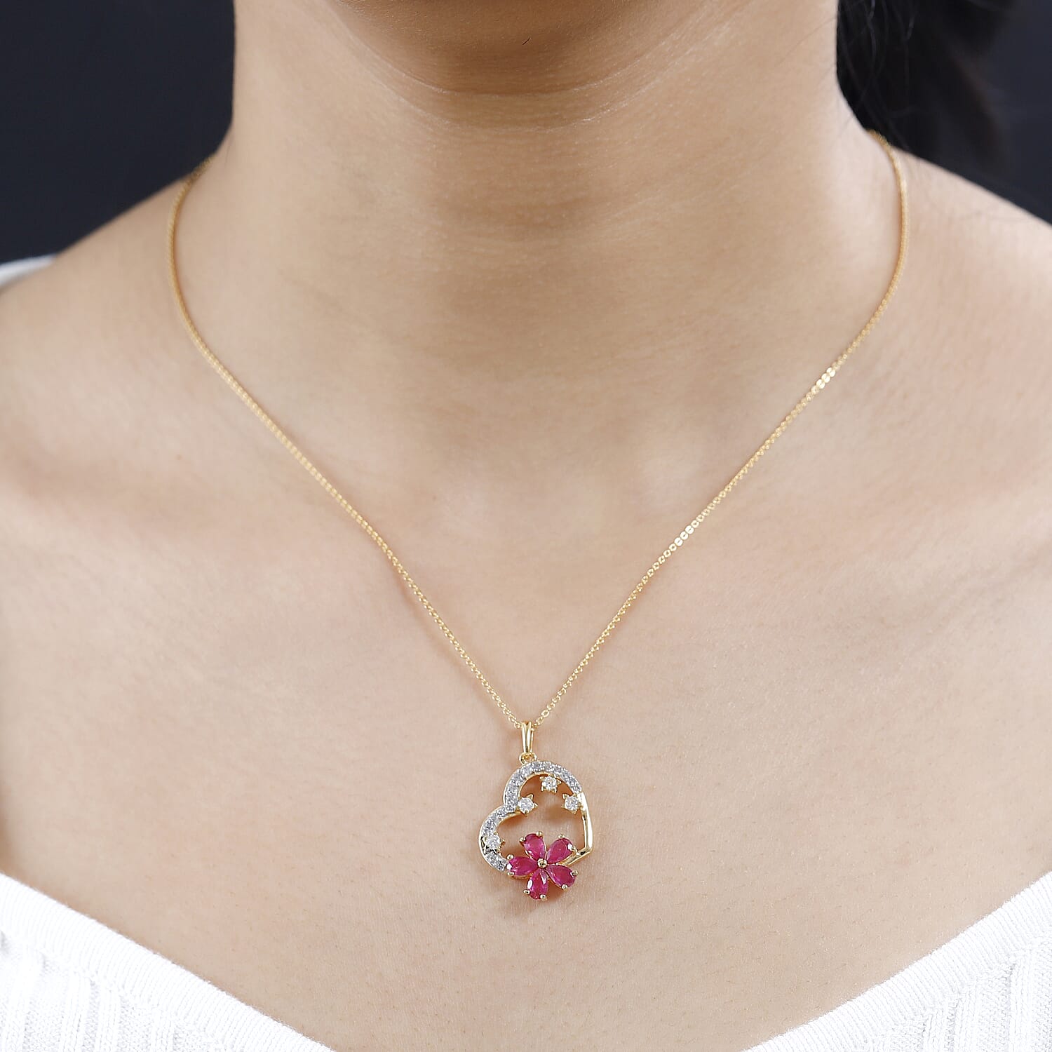 African Ruby & Natural Zircon Heart and Floral Pendant with Chain (Size 20) in 18K Vermeil YG Plated Sterling Silver 2.37 Ct