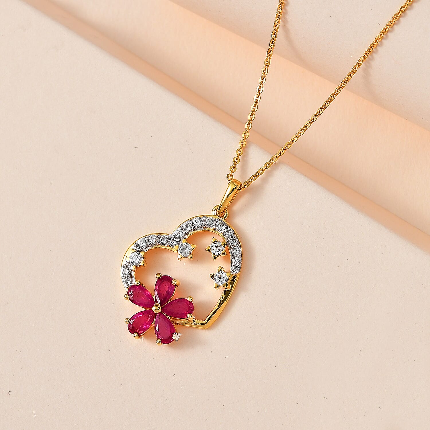 African Ruby & Natural Zircon Heart and Floral Pendant with Chain (Size 20) in 18K Vermeil YG Plated Sterling Silver 2.37 Ct