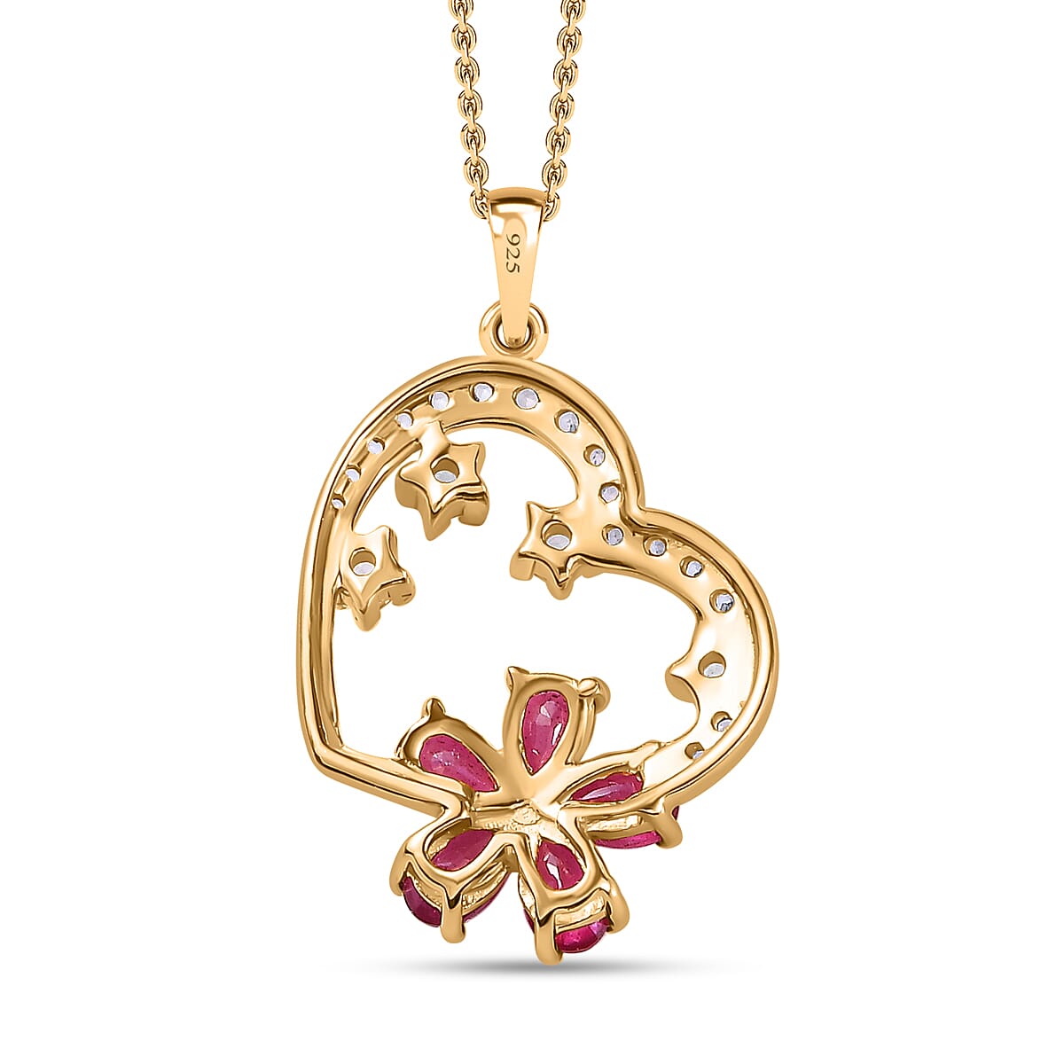 African Ruby & Natural Zircon Heart and Floral Pendant with Chain (Size 20) in 18K Vermeil YG Plated Sterling Silver 2.37 Ct