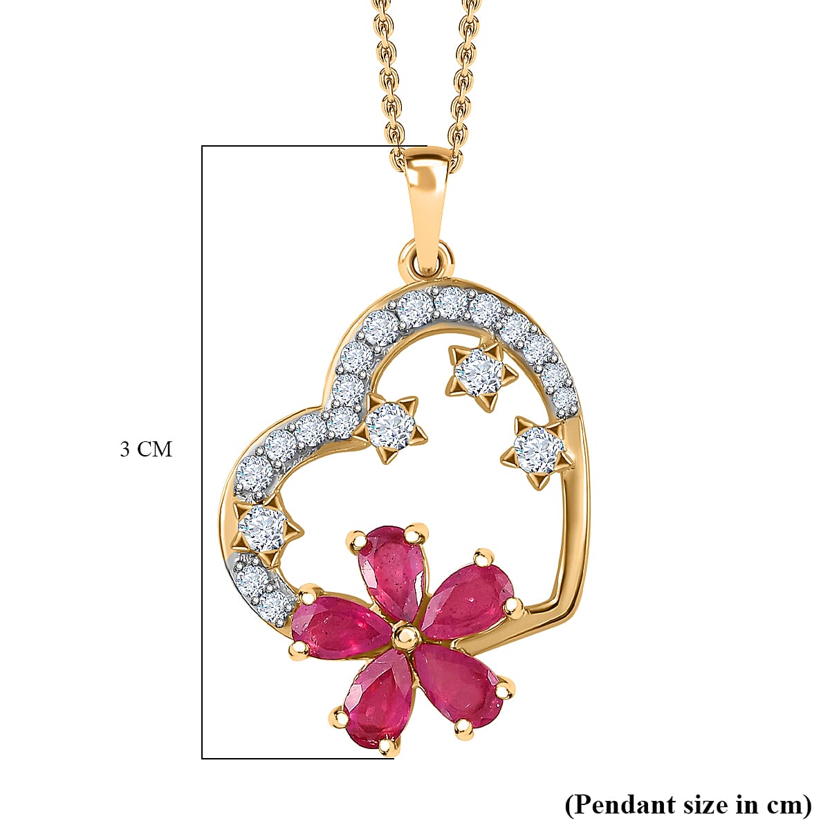 African Ruby & Natural Zircon Heart and Floral Pendant with Chain (Size 20) in 18K Vermeil YG Plated Sterling Silver 2.37 Ct