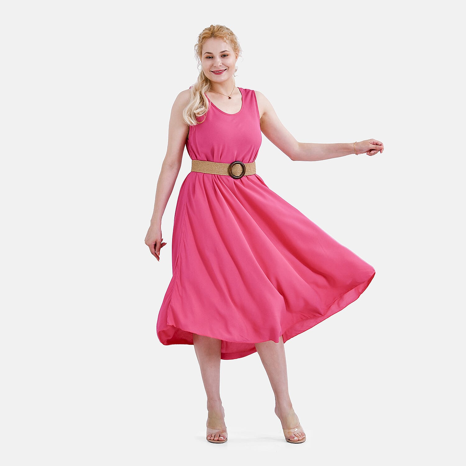 Tamsy Umbrella Dress with Elasticated Belt - One Size (8 to 18)  - Pink