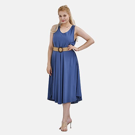 Tamsy Umbrella Dress with Elasticated Belt - One Size (8 to 18)  - Blue