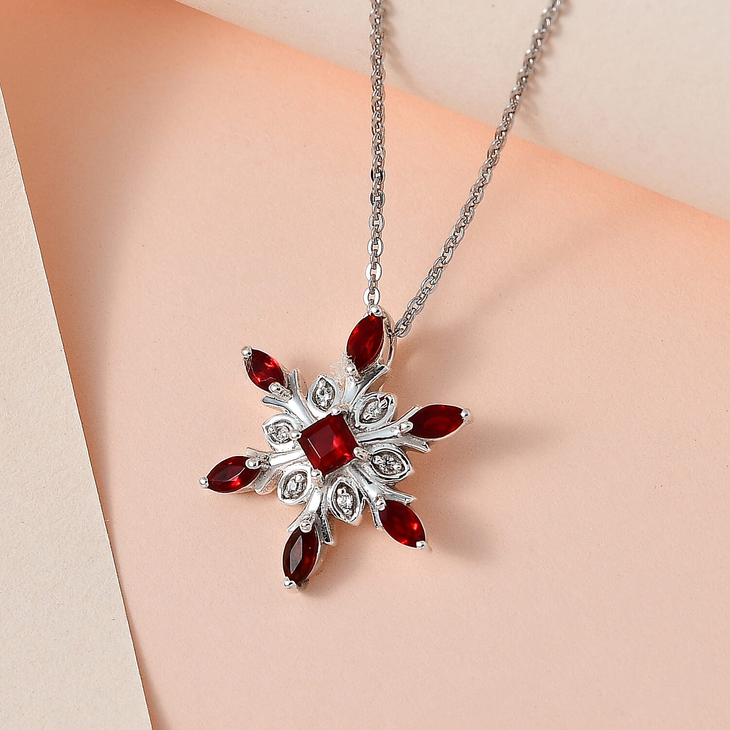 Salamanca Fire Opal & Natural Zircon Snowflake Pendant with Chain (Size 20) in Platinum Overlay Sterling Silver