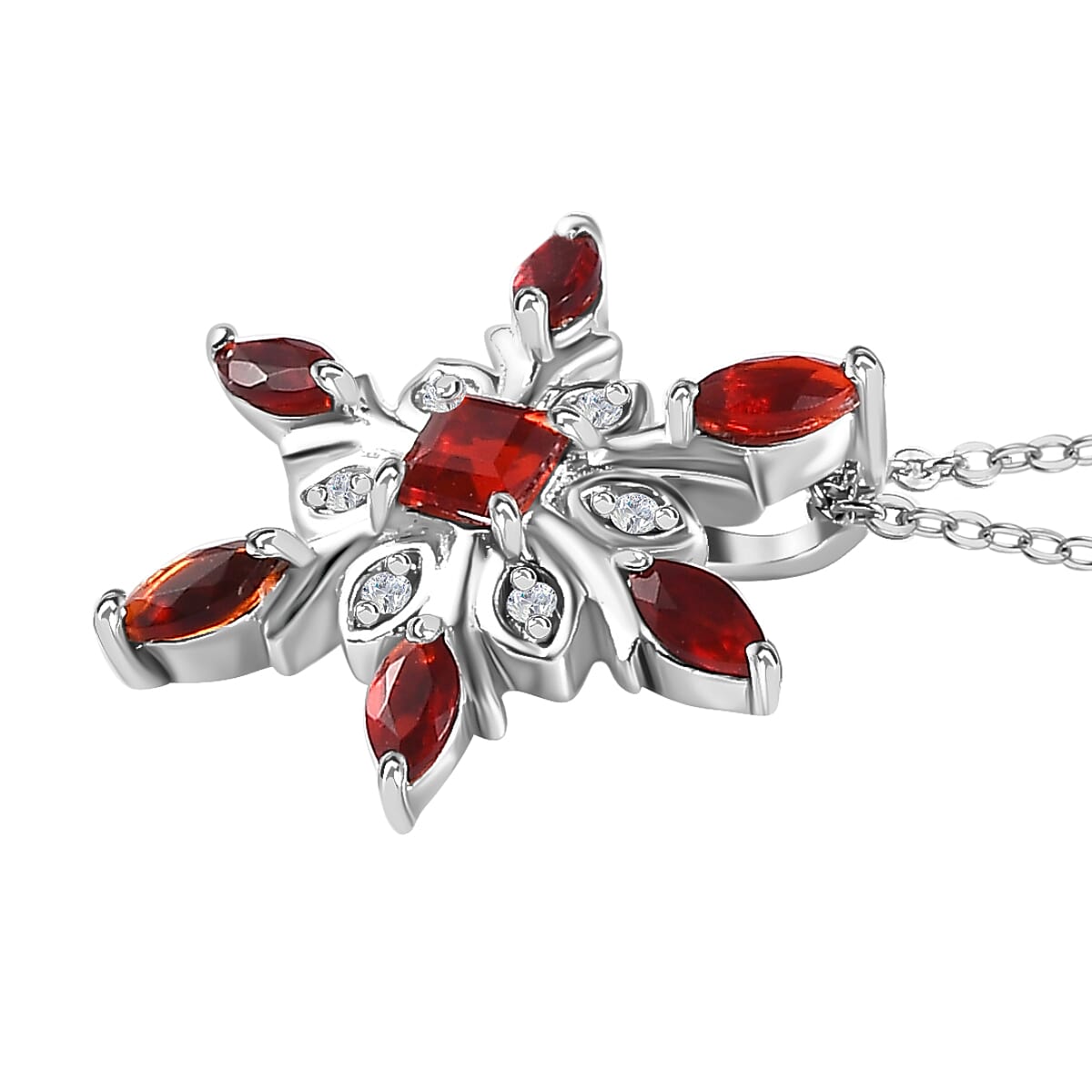 Salamanca Fire Opal & Natural Zircon Snowflake Pendant with Chain (Size 20) in Platinum Overlay Sterling Silver