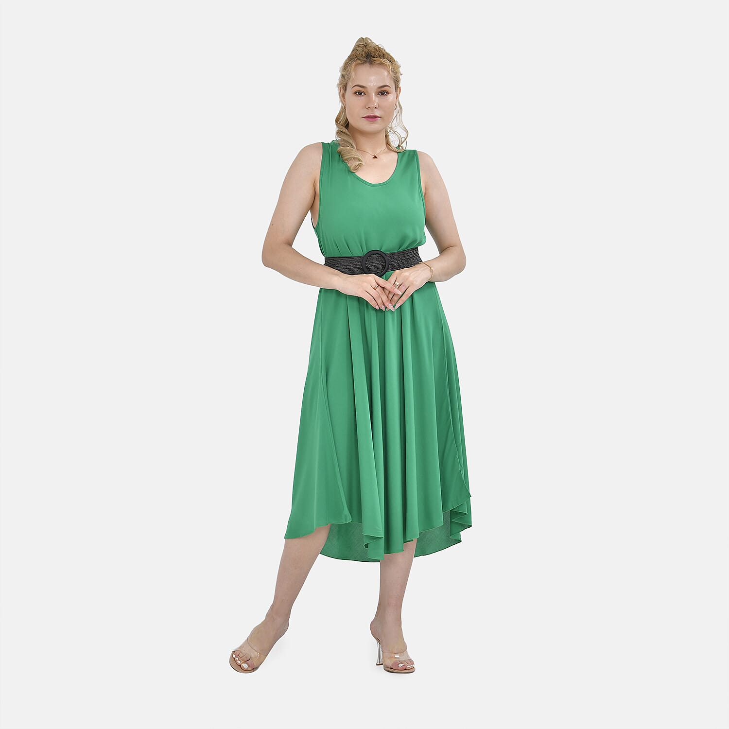 Tamsy 100% Viscose Printed Umbrella Dress with Elasticated Belt (One Size - 8 to 18) - Green With Black Belt